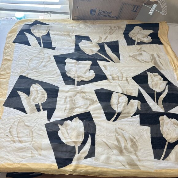 Womens Floral Silk Scarf Square Tulips Cream Black Scarves - Picture 5 of 5